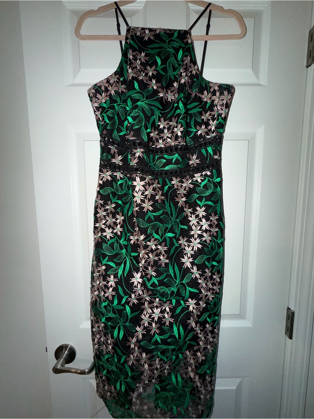 Sam Edelman Black Midi Dress with Green Leaf & Pink Floral Print